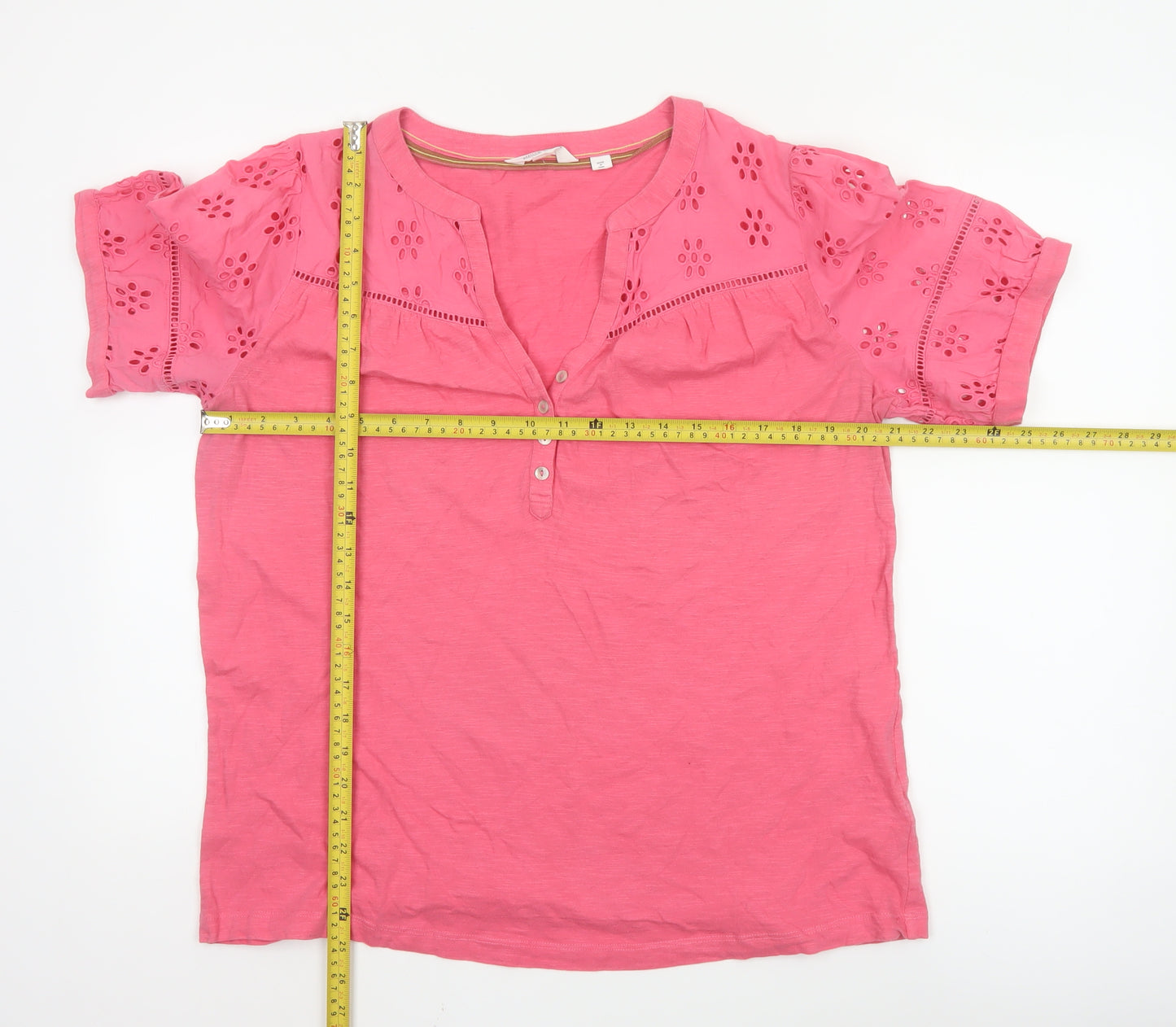 White Stuff Women Pink Henley Tunic Blouse Size 16 Cotton