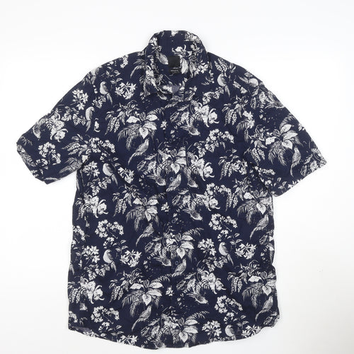 H&M Men’s Blue Tropical Floral Short Sleeve Cotton Shirt M Regular Fit