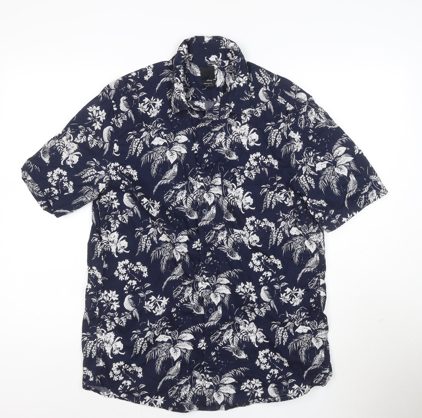 H&M Men’s Blue Tropical Floral Short Sleeve Cotton Shirt M Regular Fit