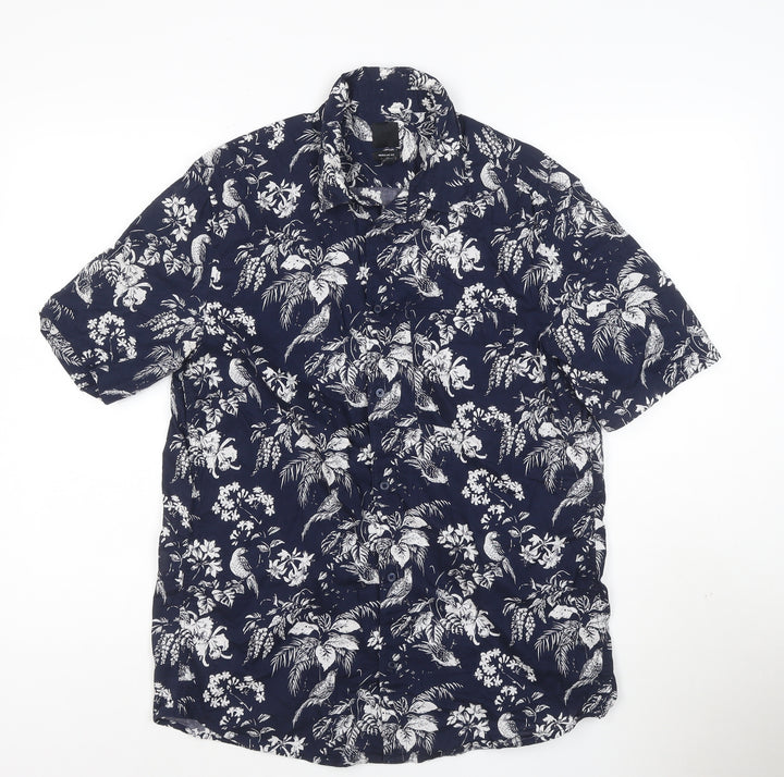 H&M Men’s Blue Tropical Floral Short Sleeve Cotton Shirt M Regular Fit
