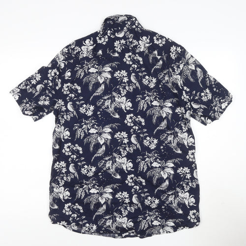 H&M Men’s Blue Tropical Floral Short Sleeve Cotton Shirt M Regular Fit