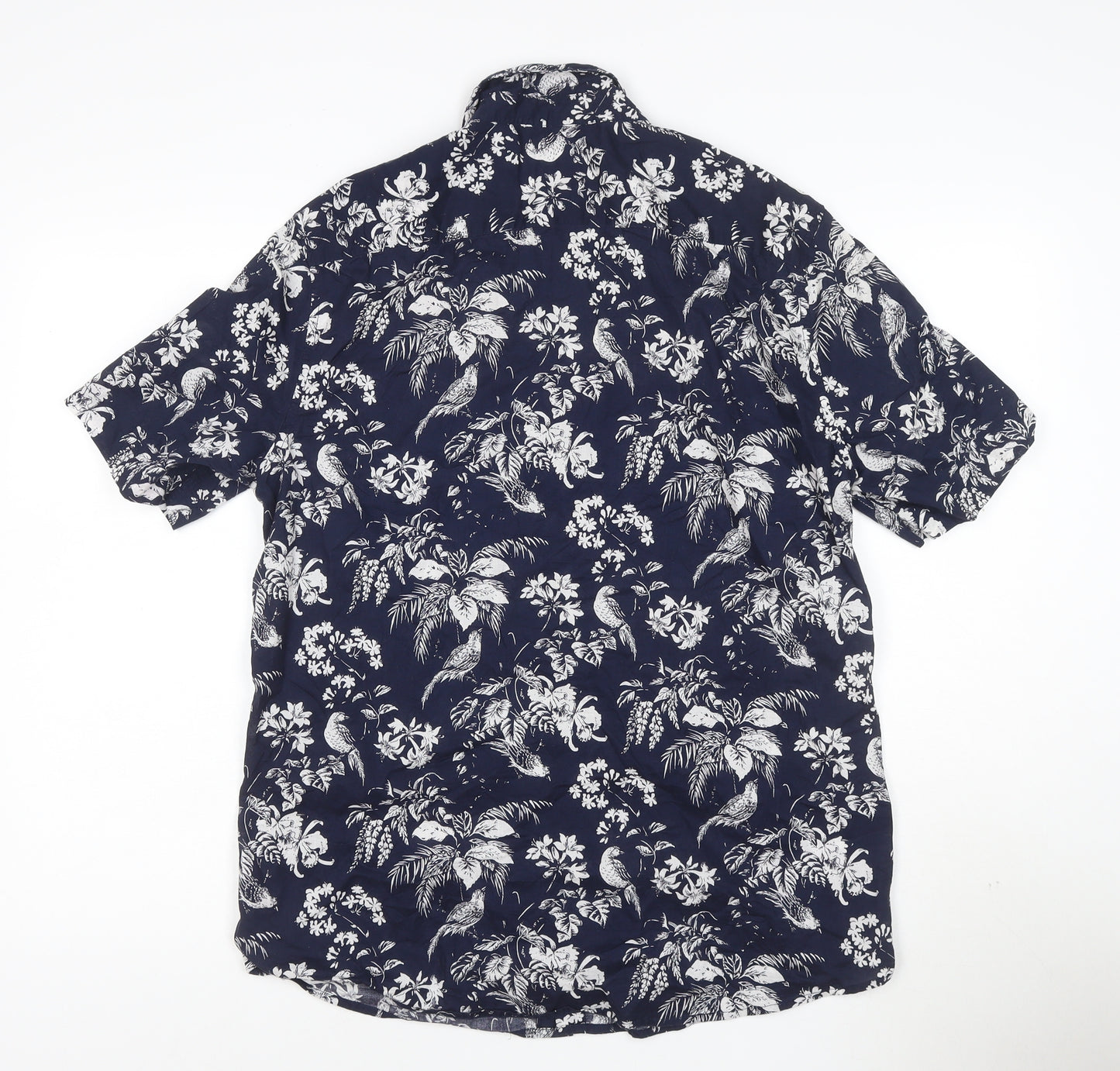 H&M Men’s Blue Tropical Floral Short Sleeve Cotton Shirt M Regular Fit