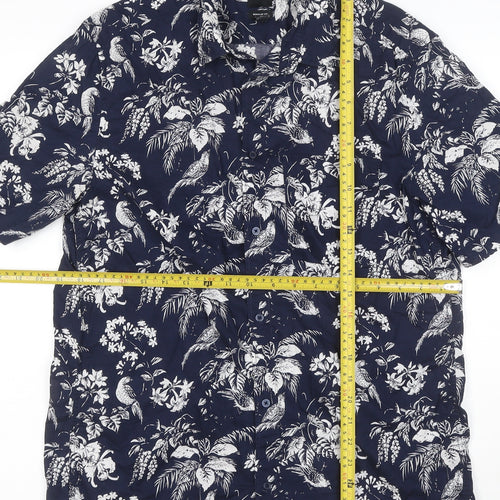 H&M Men’s Blue Tropical Floral Short Sleeve Cotton Shirt M Regular Fit