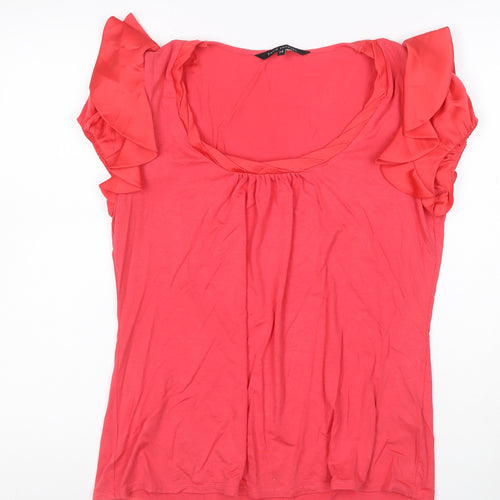 David Emanuel Women Pink Ruffle Short Sleeve Tunic Blouse Size 14
