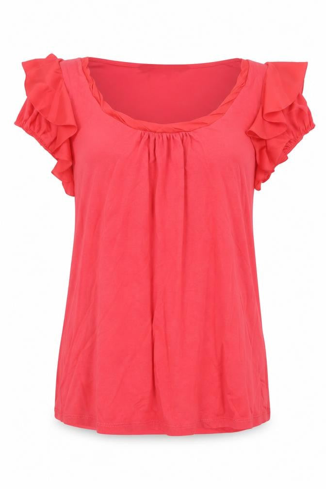 Front view of David Emanuel Women Pink Ruffle Short Sleeve Tunic Blouse, size 14