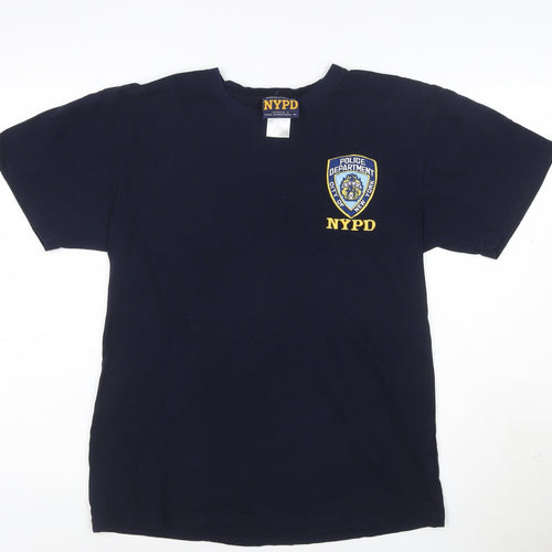 NYPD Men Blue Cotton Crew Neck Short Sleeve Logo T-Shirt M