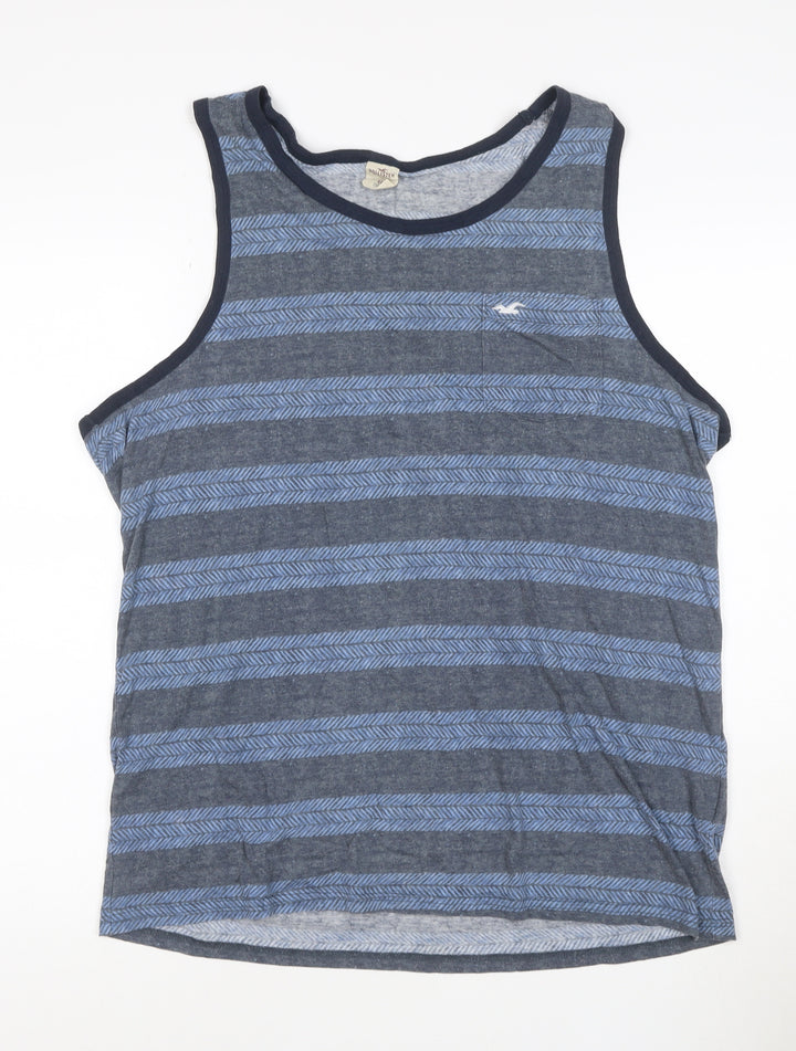 Hollister Men's Blue Striped Sleeveless Cotton Blend T-Shirt XL