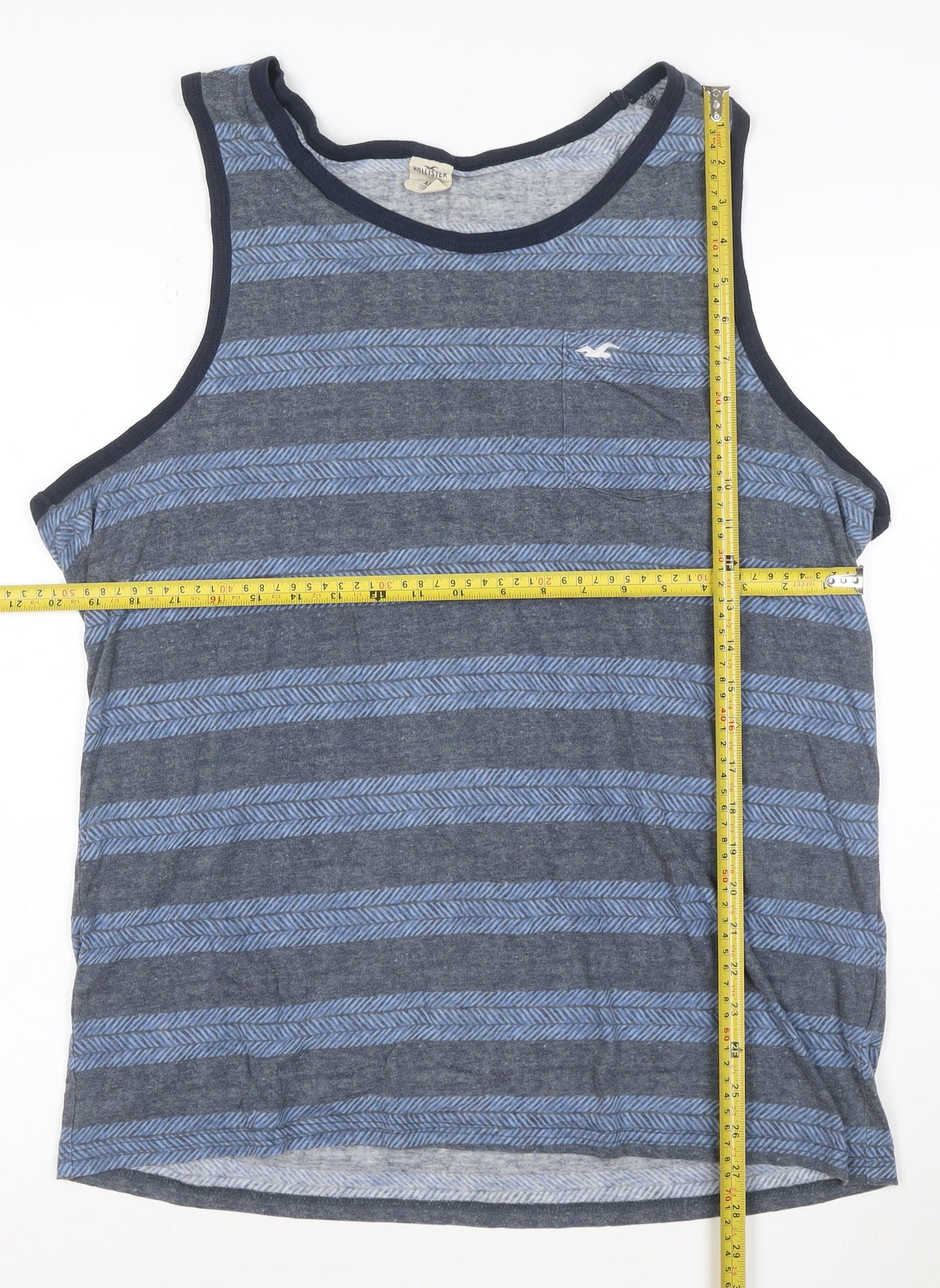 Hollister Men's Blue Striped Sleeveless Cotton Blend T-Shirt XL