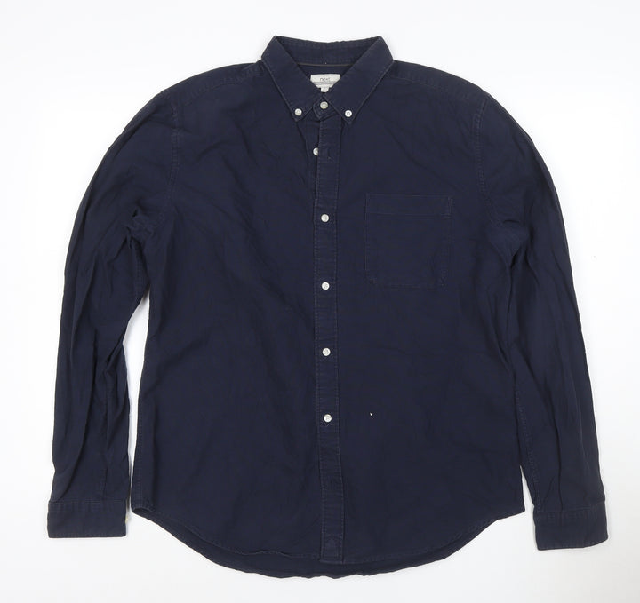 Next Men's Navy Blue Cotton Long Sleeve Button-Up Shirt Size L