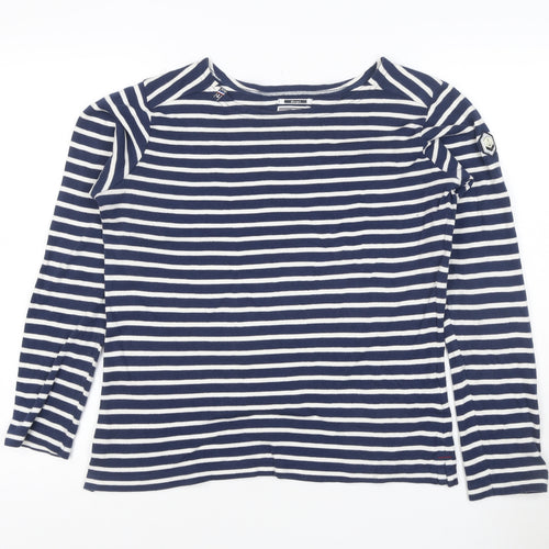 Voile Bleue Women's Blue Striped Long Sleeve Cotton Boat Neck Top
