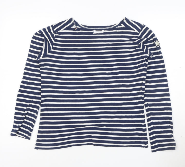 Voile Bleue Women's Blue Striped Long Sleeve Cotton Boat Neck Top