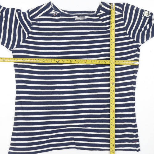 Voile Bleue Women's Blue Striped Long Sleeve Cotton Boat Neck Top
