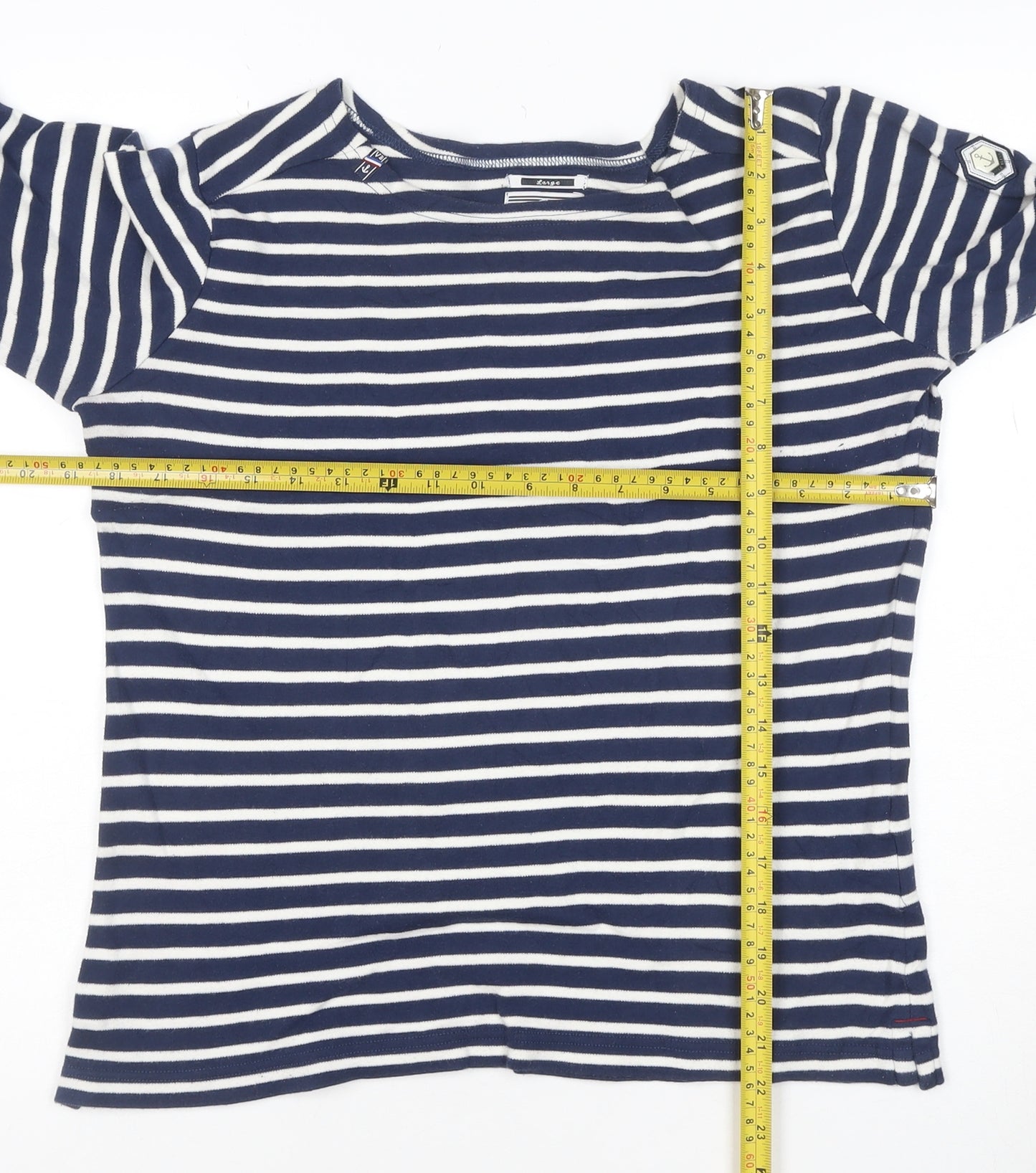 Voile Bleue Women's Blue Striped Long Sleeve Cotton Boat Neck Top