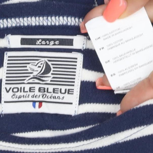 Voile Bleue Women's Blue Striped Long Sleeve Cotton Boat Neck Top
