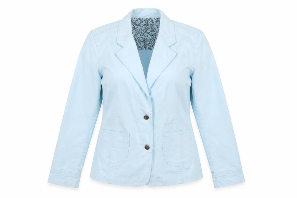 Front view of JIANQUE Women Blue 100% Cotton Single-Breasted Blazer Jacket, size L
