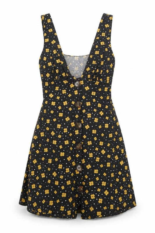 Front view of ASOS women’s black floral v-neck button camisole tank top, size UK 8