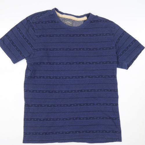 FatFace Women Blue Geometric Linen Cotton Short Sleeve T-Shirt Size S