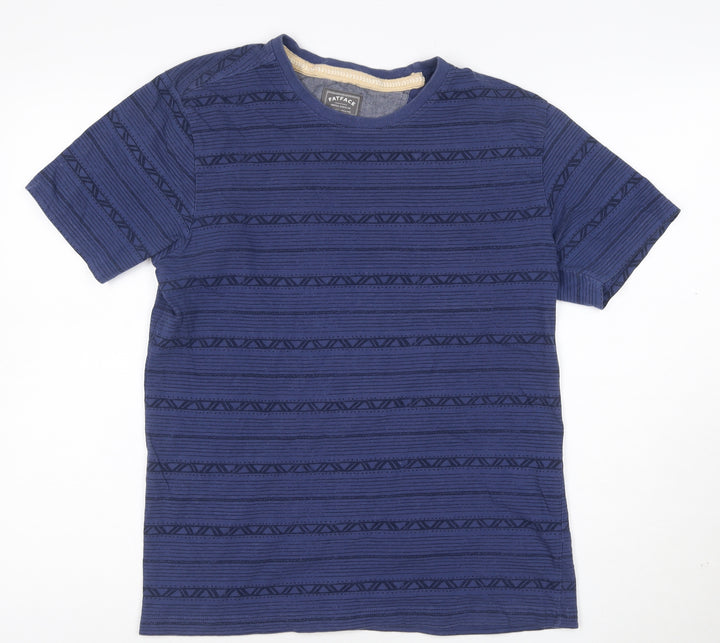 FatFace Women Blue Geometric Linen Cotton Short Sleeve T-Shirt Size S