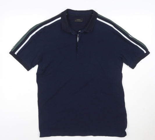 Zara Men's Blue Cotton Short Sleeve Polo Shirt Size L