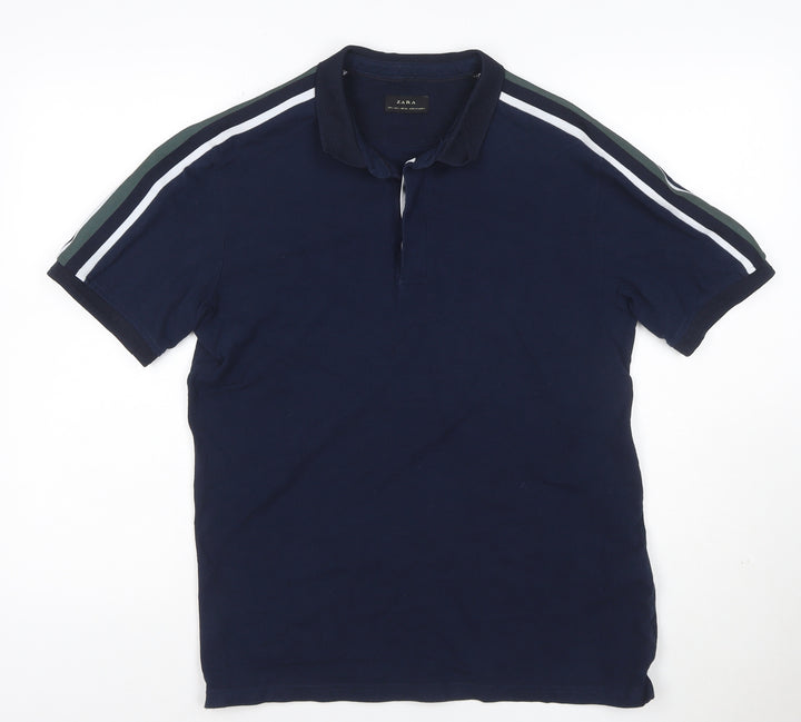 Zara Men's Blue Cotton Short Sleeve Polo Shirt Size L