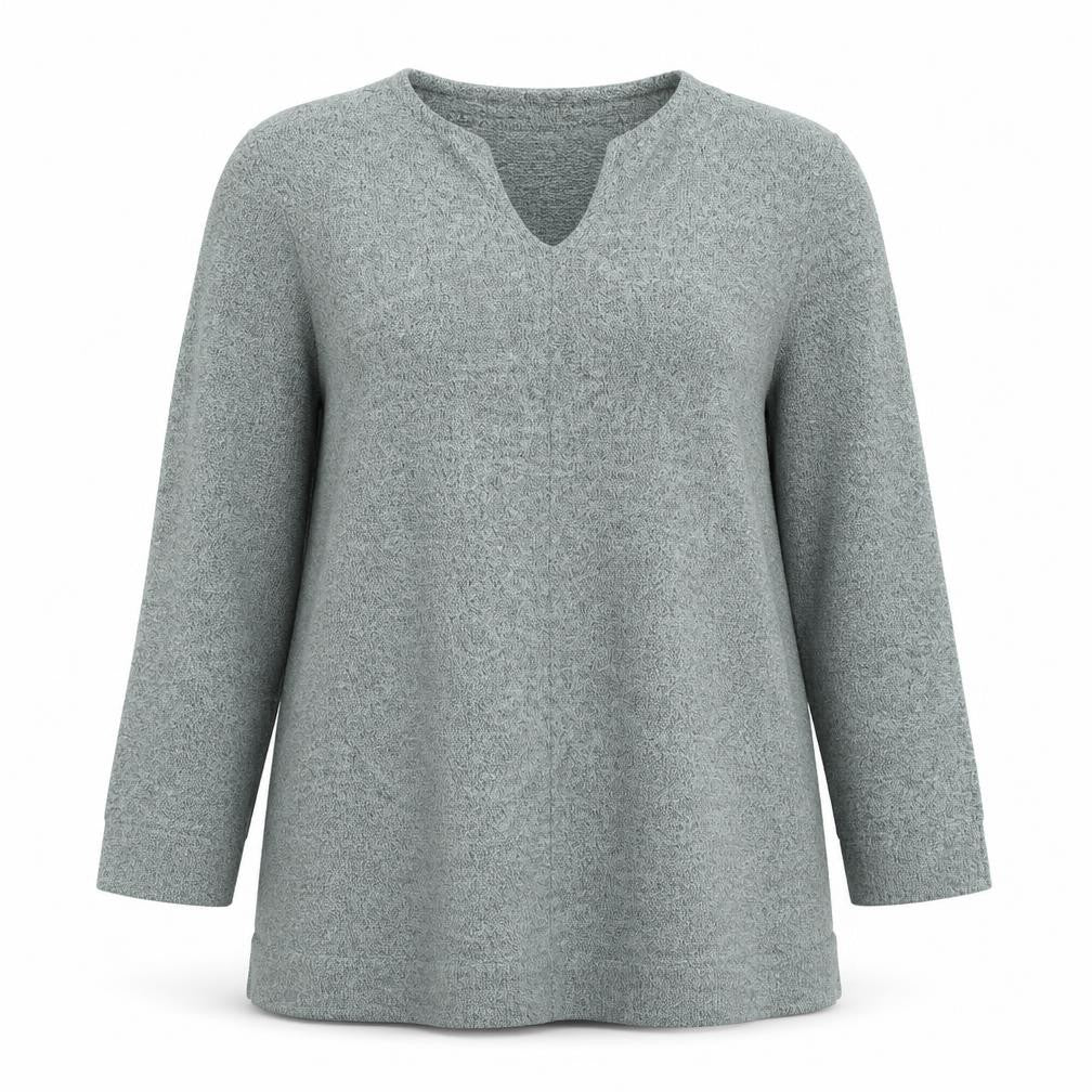 Front view of de&Co women’s grey v-neck long sleeve tunic jumper, size S