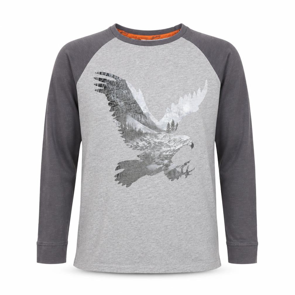 Front view of Blue Harbour boys’ grey long sleeve eagle graphic t-shirt age 11-12