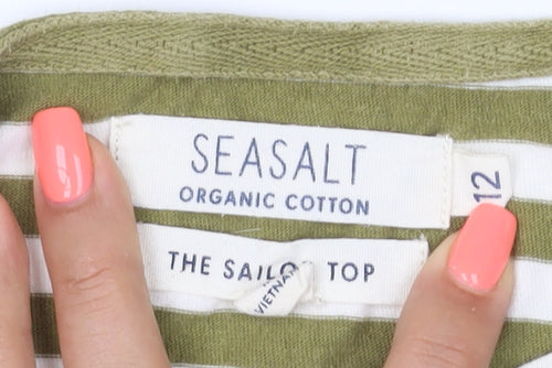 Seasalt Women’s Green Striped Organic Cotton 3/4 Sleeve Sailor Top Size 12