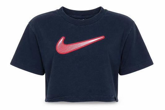 Front view of Nike women’s blue cropped t-shirt l short sleeve sports tee