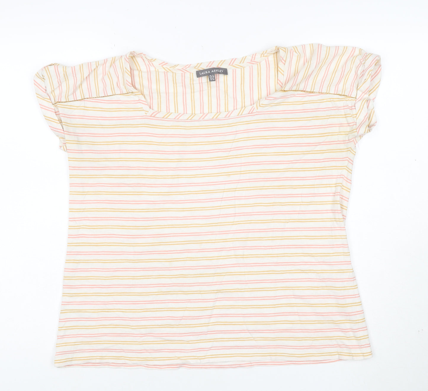 Laura Ashley Women’s Cream Multicoloured Stripe T-Shirt UK 12 Cotton