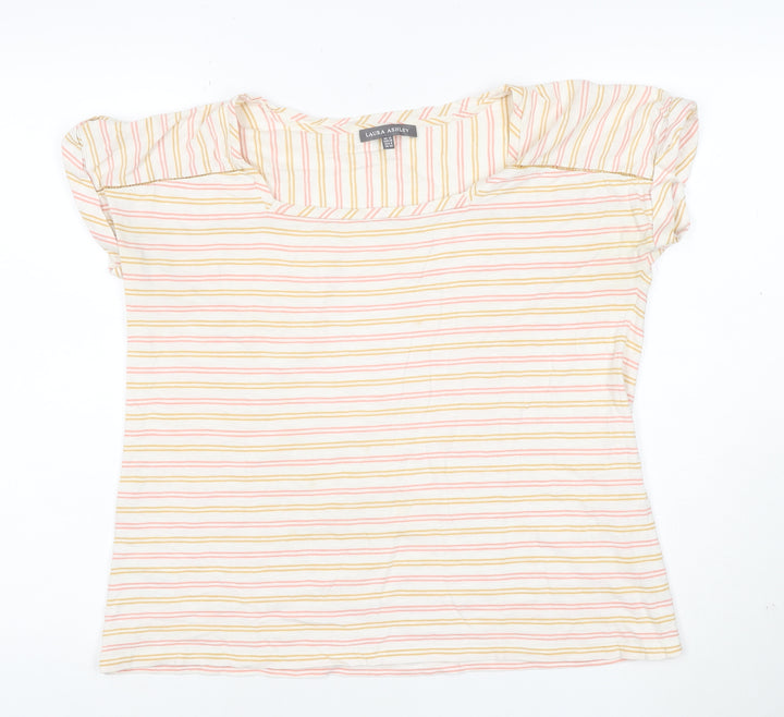 Laura Ashley Women’s Cream Multicoloured Stripe T-Shirt UK 12 Cotton
