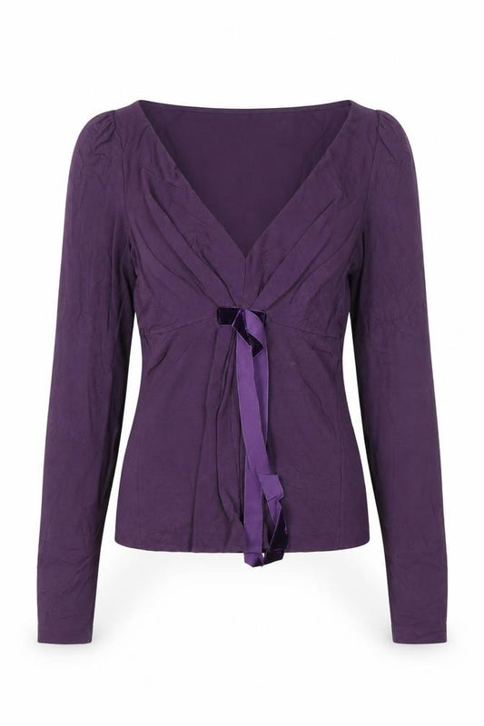 Front view of MaxMara Women’s Purple Wrap Long Sleeve Jersey Blouse, size L