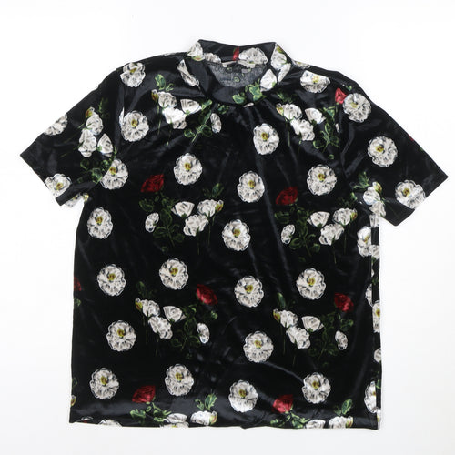 Zara Trafaluc Women’s Black Floral Velvet Short Sleeve T-Shirt Size L