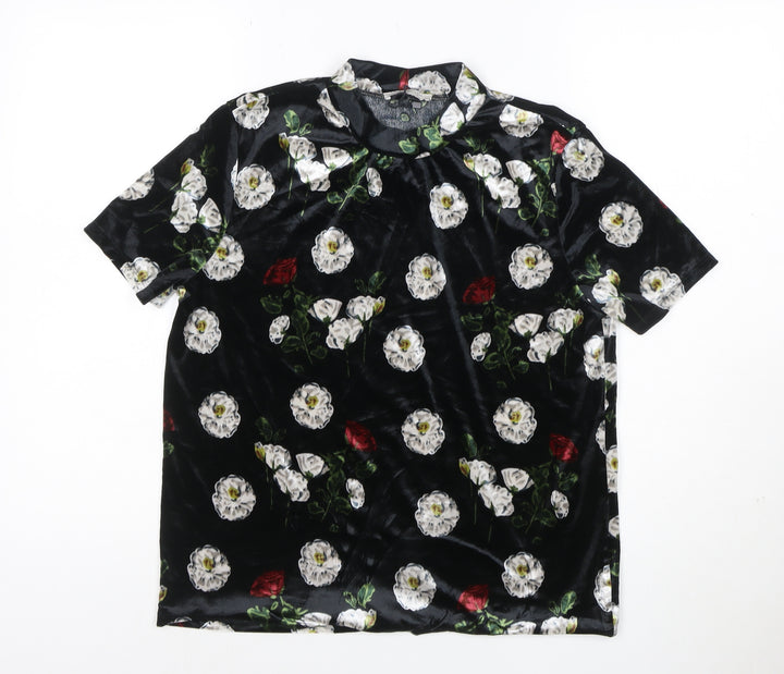Zara Trafaluc Women’s Black Floral Velvet Short Sleeve T-Shirt Size L