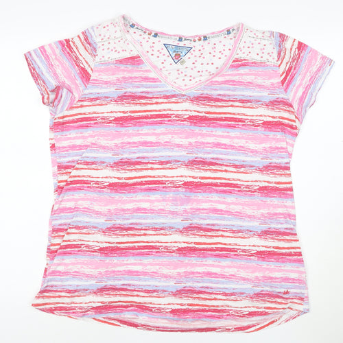 Mistral Women Pink Multicoloured V-Neck Short Sleeve T-Shirt Cotton Size 16