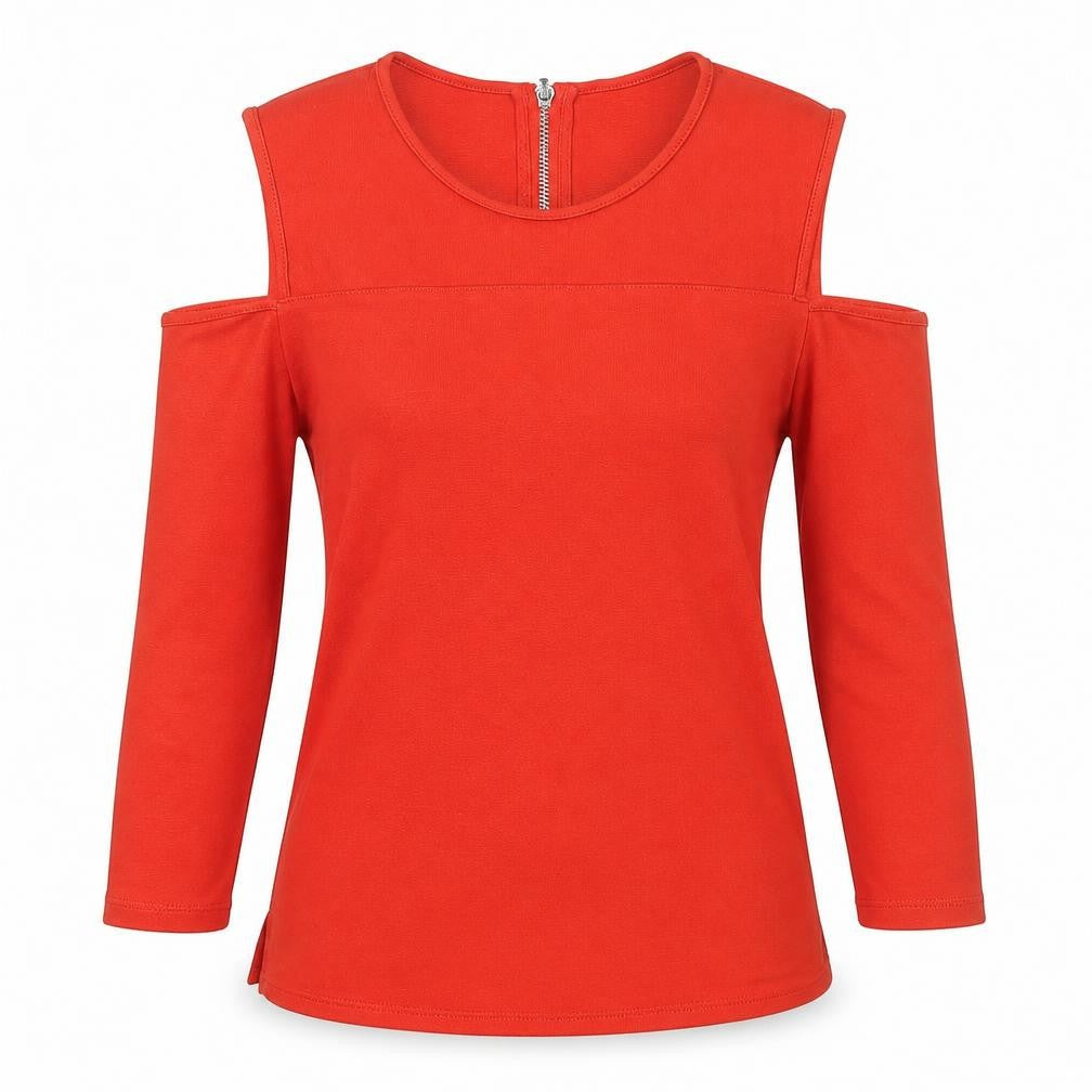 Front view of Karen Millen Women's Red Cold Shoulder Long Sleeve Zip Top, size 6