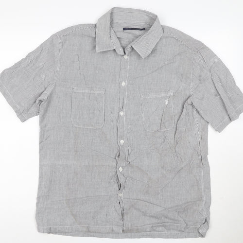 French Connection Men's Grey Striped Cotton Short Sleeve Shirt L