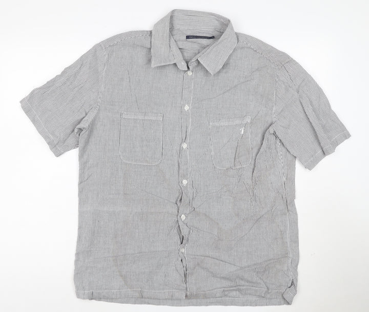 French Connection Men's Grey Striped Cotton Short Sleeve Shirt L
