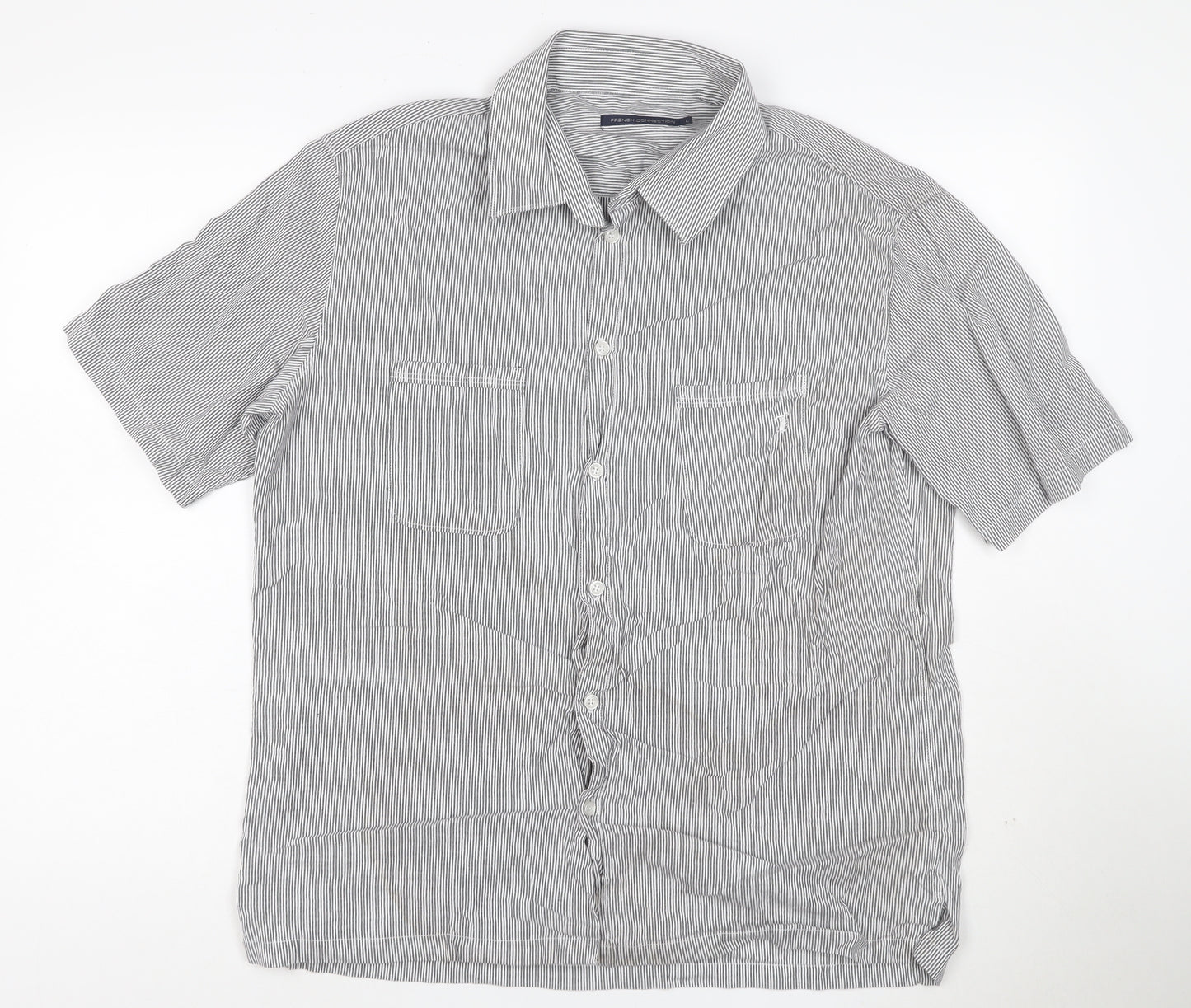 French Connection Men's Grey Striped Cotton Short Sleeve Shirt L