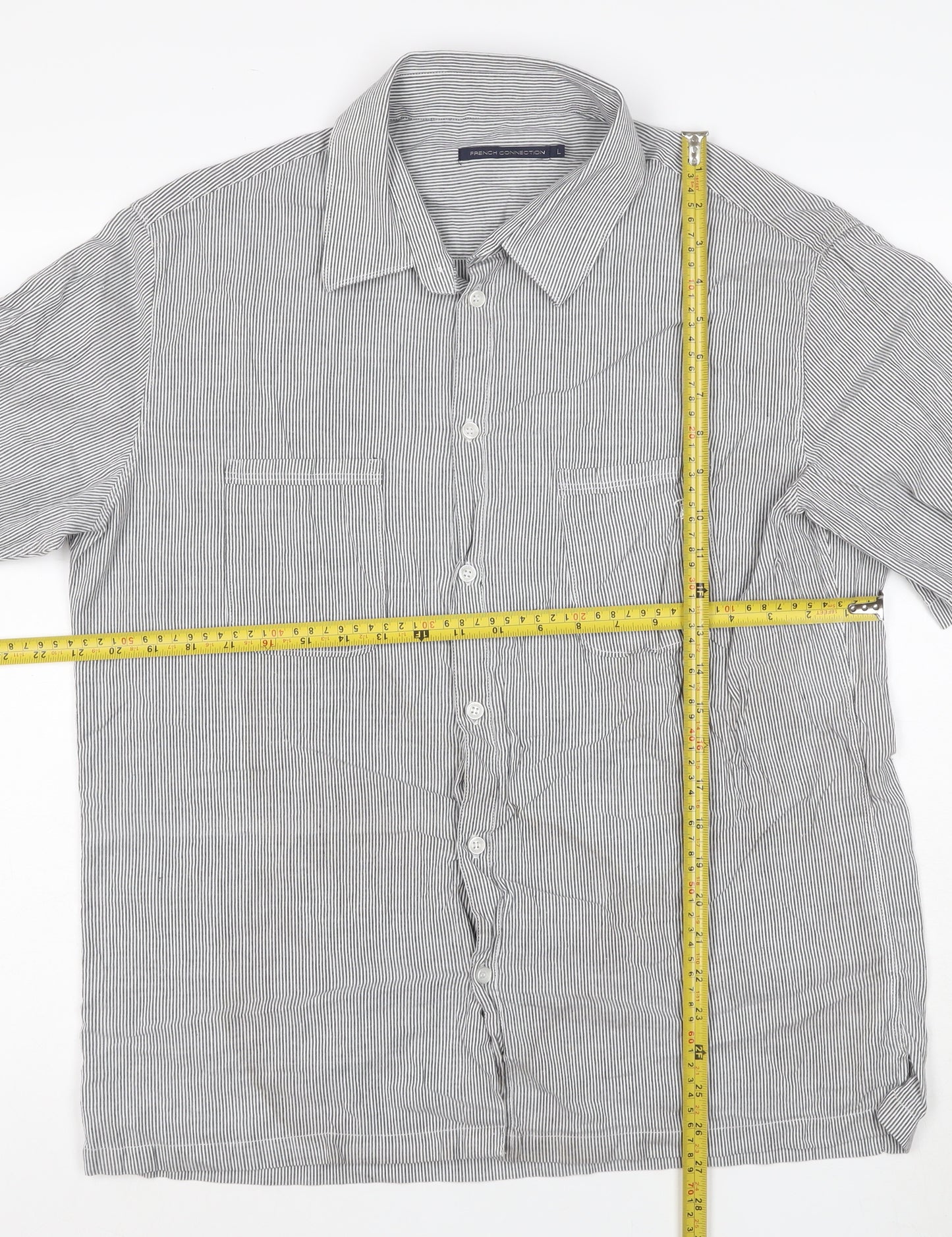 French Connection Men's Grey Striped Cotton Short Sleeve Shirt L