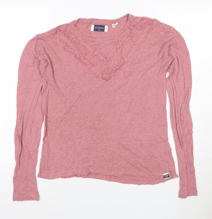 Superdry Womens Pink Long Sleeve Lace Jersey Top Size 10