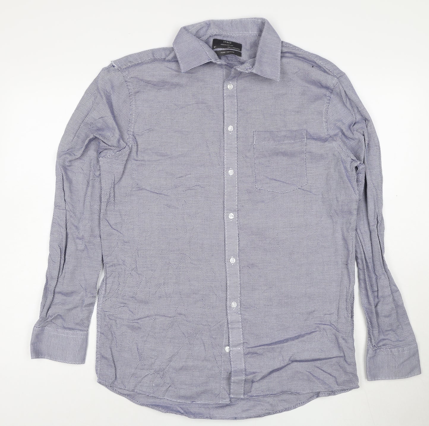 Marks and Spencer Men’s Blue Regular Fit 16 Button-Up Long Sleeve Cotton Shirt