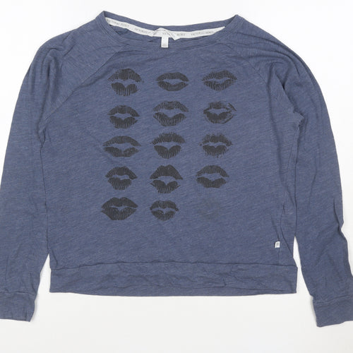 Victoria's Secret Womens Blue XS Long Sleeve Jersey T-Shirt with Lip Print