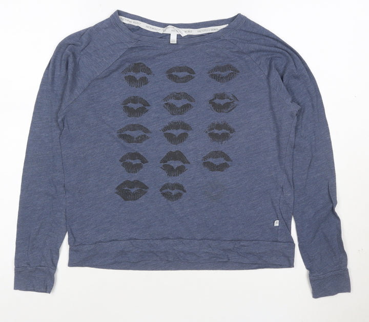 Victoria's Secret Womens Blue XS Long Sleeve Jersey T-Shirt with Lip Print