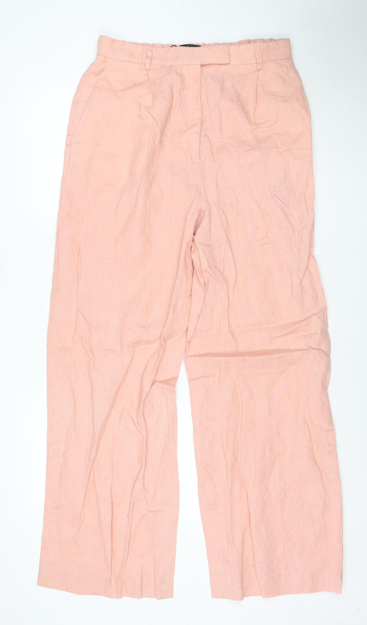 Zara Women Pink Linen Wide-Leg Trousers Size L