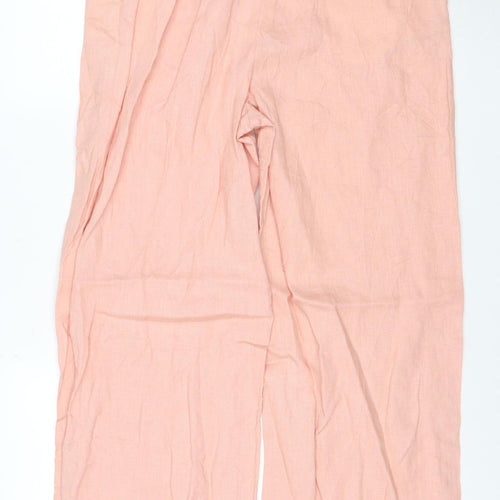 Zara Women Pink Linen Wide-Leg Trousers Size L