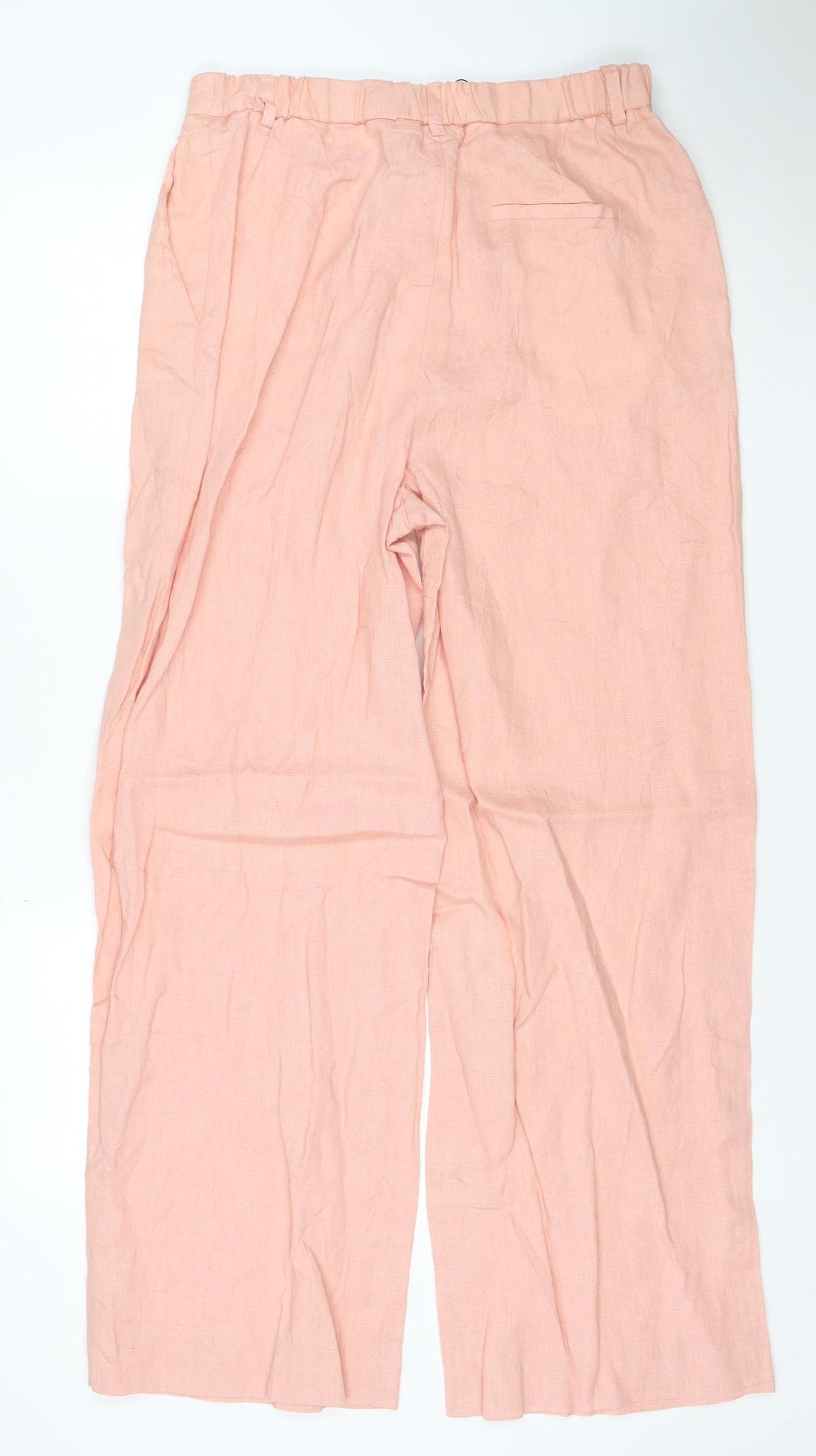 Zara Women Pink Linen Wide-Leg Trousers Size L