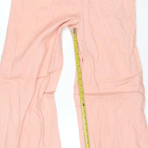 Zara Women Pink Linen Wide-Leg Trousers Size L