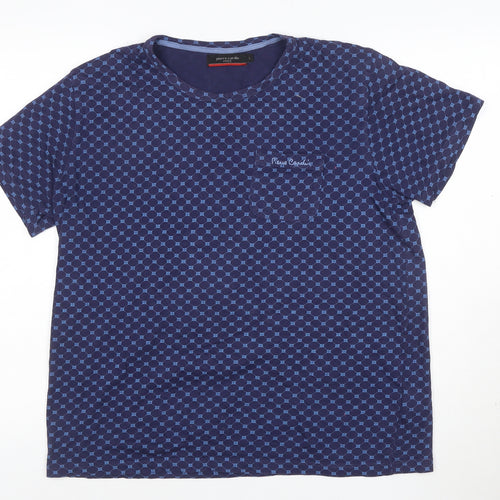 Pierre Cardin Blue Geometric Cotton T-Shirt L Unisex Adults