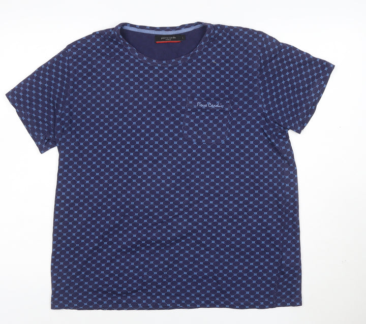 Pierre Cardin Blue Geometric Cotton T-Shirt L Unisex Adults