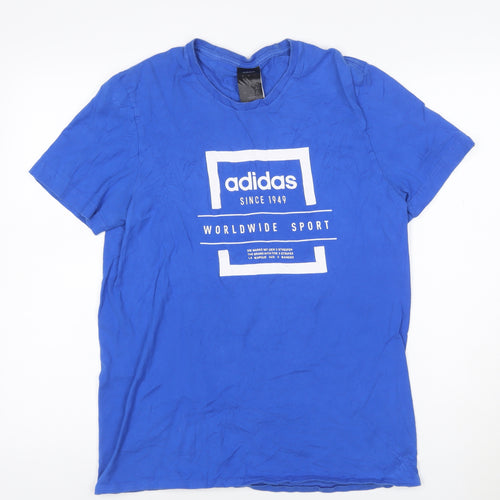 adidas Men Blue Cotton Graphic Print Short Sleeve T-Shirt Size S